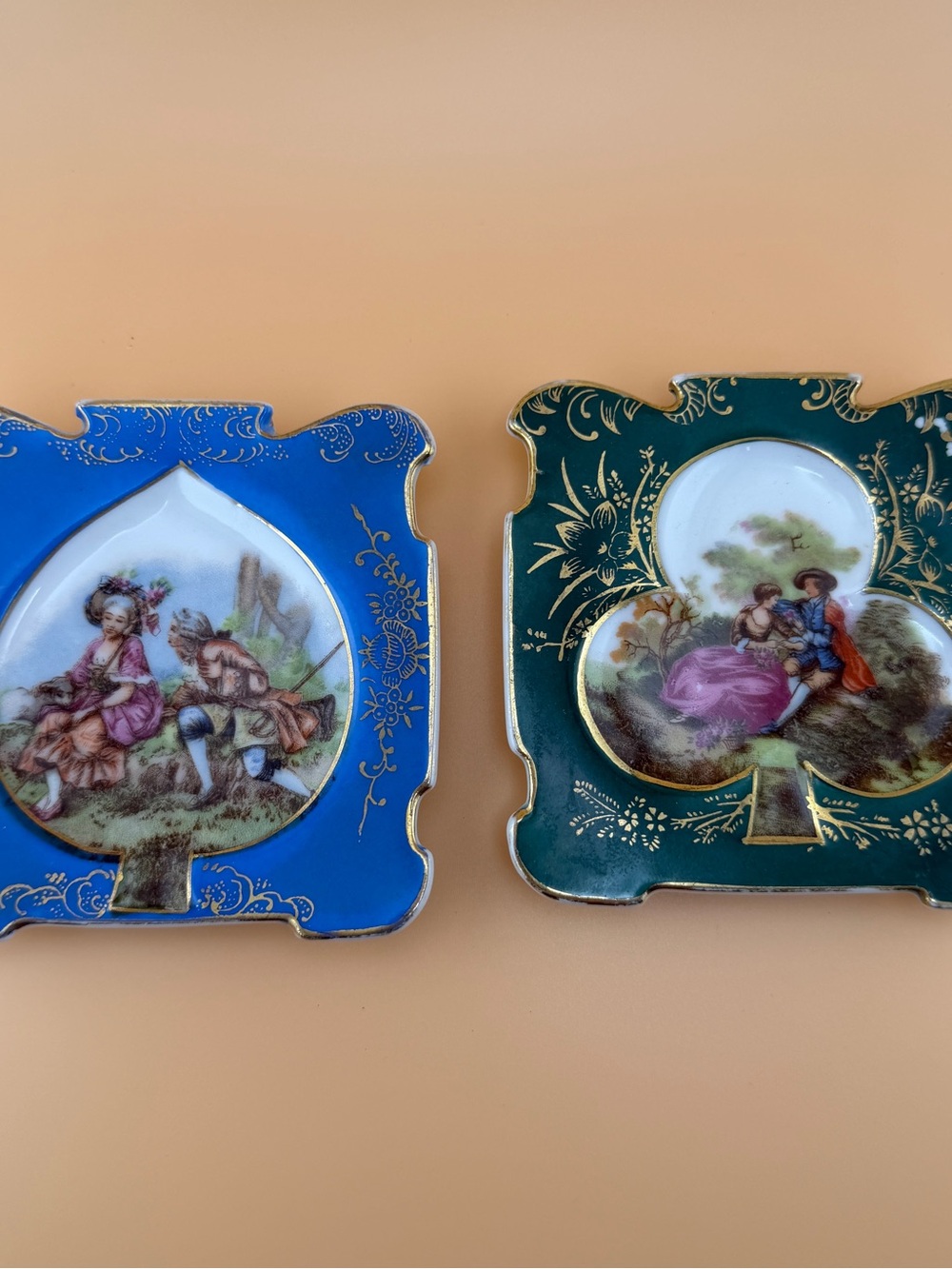 2 Chase Hand Painted Occupied Japan Wall Plaques Pair Victorian Scenes 4 7/8”